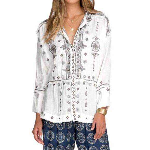 johnny Was Pete & Greta Embroidery Boho Button Up Shirt Natural Womens Size XL - Picture 1 of 14